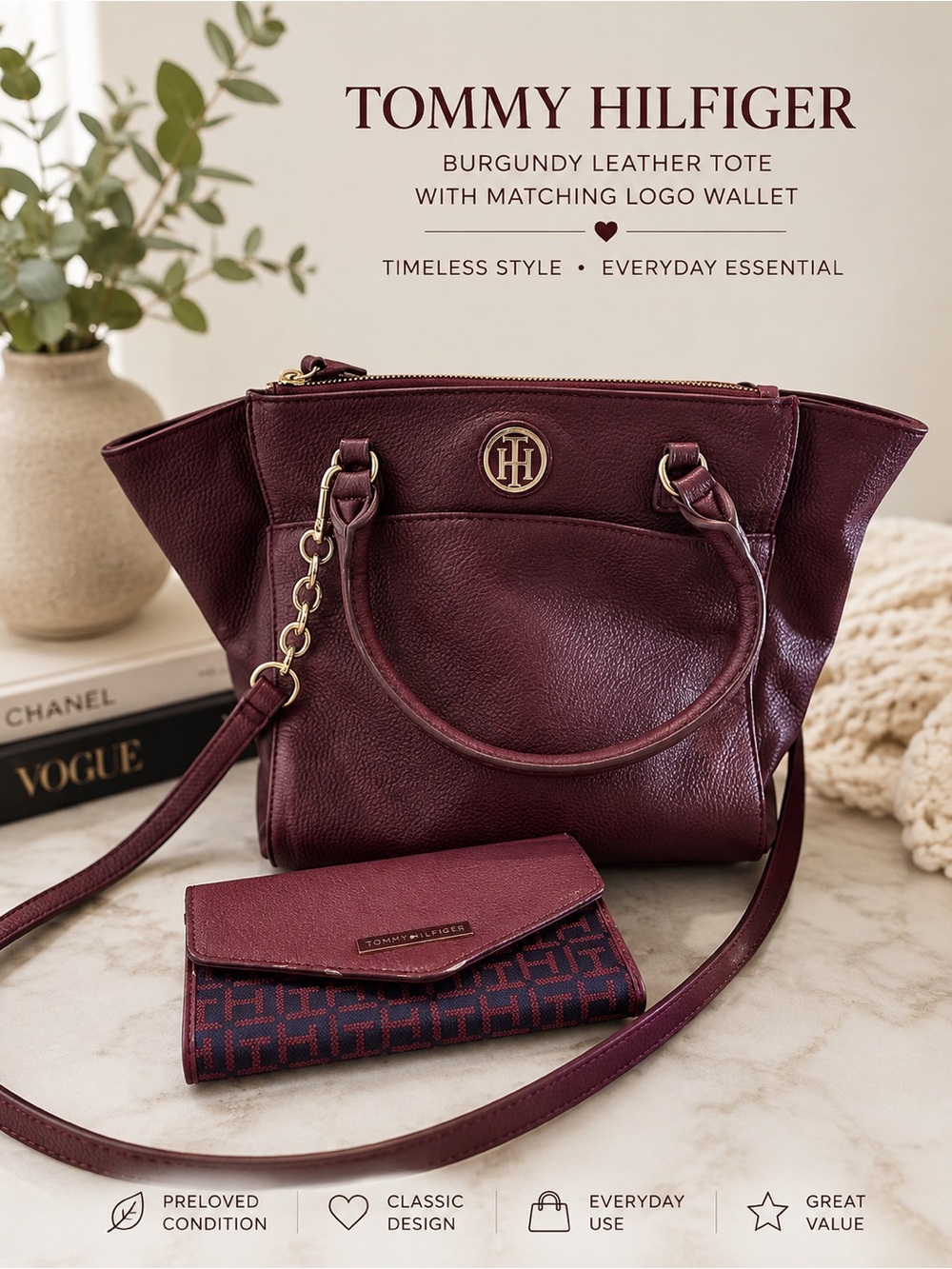 Tommy Hilfiger Burgundy Leather Tote with Matching Logo Wallet